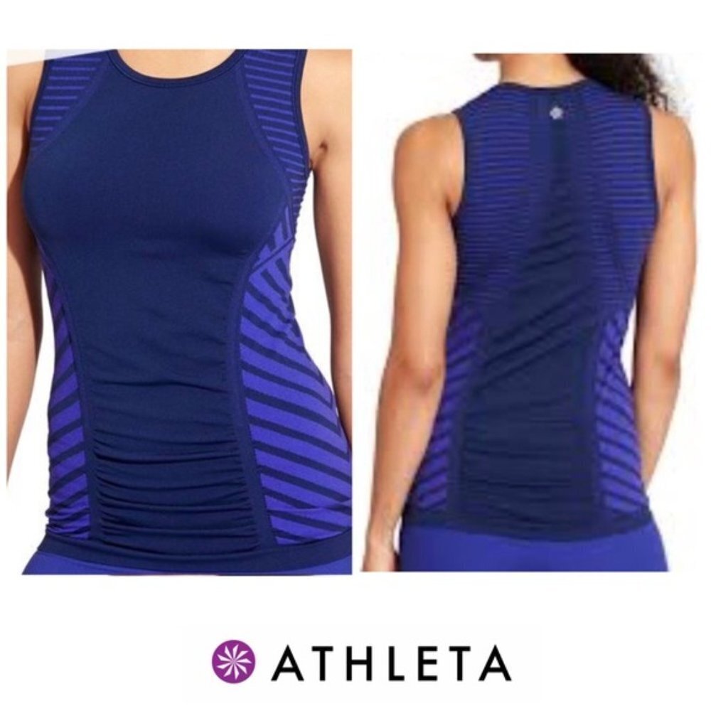 ATHLETA Jet Stripe Fastest Track Muscle Tank Small Blue Purple Yoga Workout